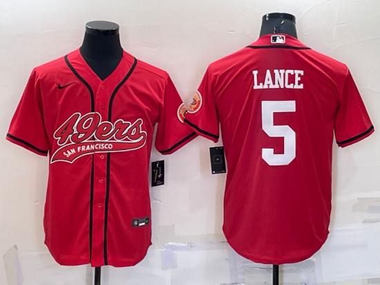 Men's San Francisco 49ers #5 Trey Lance Red Cool Base Stitched Baseball Jersey